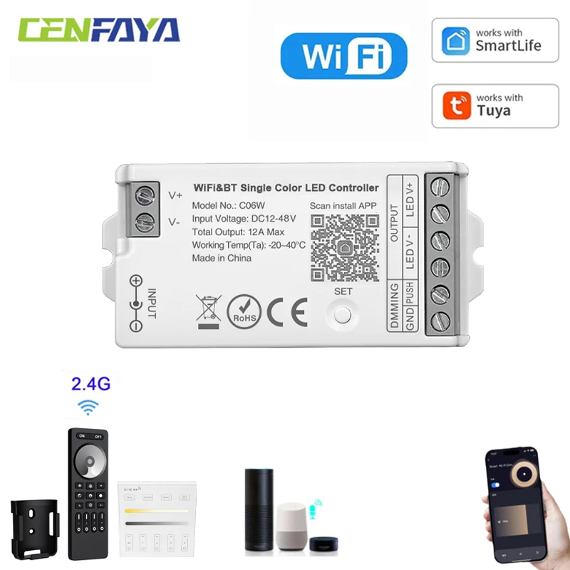 

CENFAYA Smart LED Strip Dim Brightness 2.4GHz Tuya WiFi Group Controller Push Dimming Alexa Google Home Control 4 Zone RF Remote