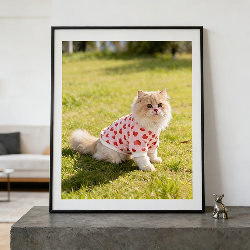 A 2D flat frameless decorative painting featuring a beautiful sunny scene with a pet cat on the grass. Suitable for Christmas.