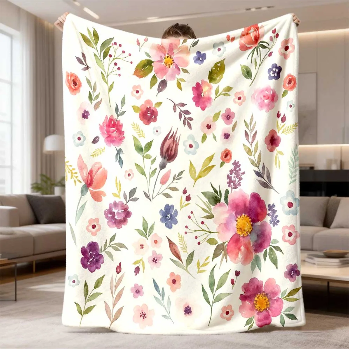 Manta floral con diseño de flores silvestres en acuarela, colcha con patrón de hojas botánicas, decoración para sala de estar