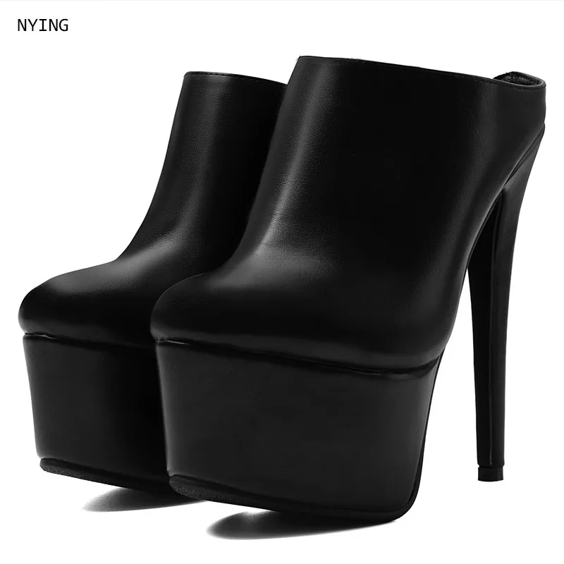 Black Leather Women Round Toe Extreme Platform Stiletto Mule Booties High Heels Spring Autumn Shoes 47