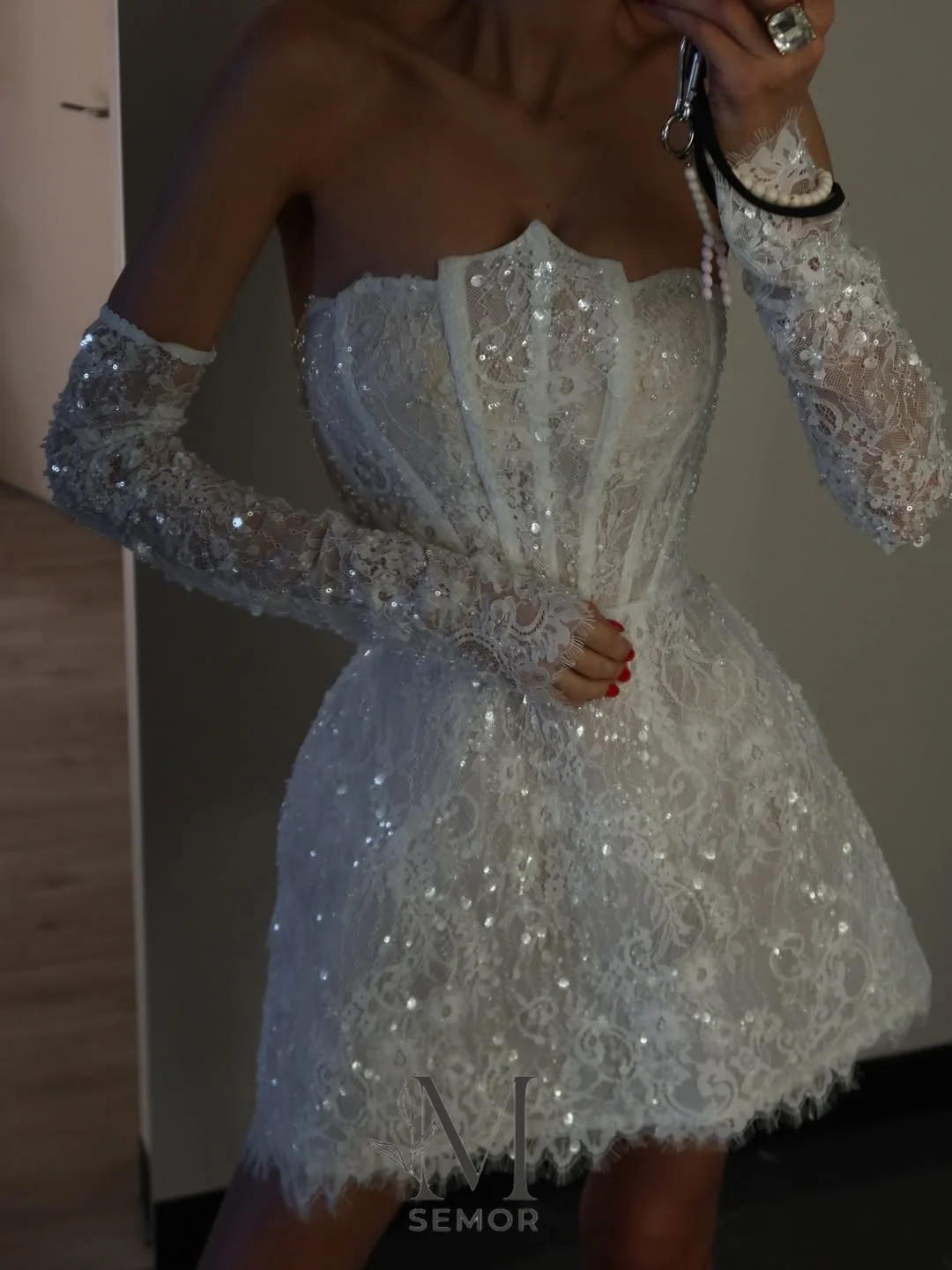 Semor 2026 New Exquisite Lace Short Wedding Dress A-line Strapless Sleeveless Sequin Applique Customized Mini Bride Party Gown image 2