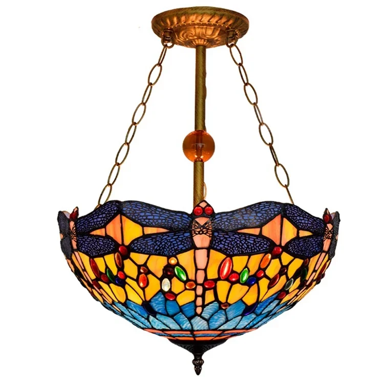 16 Inch Retro Dragonfly Light Tiffany Stained Glass Restaurant Bar Club Room Round Ceiling Led Lamp for Bedroom House Home