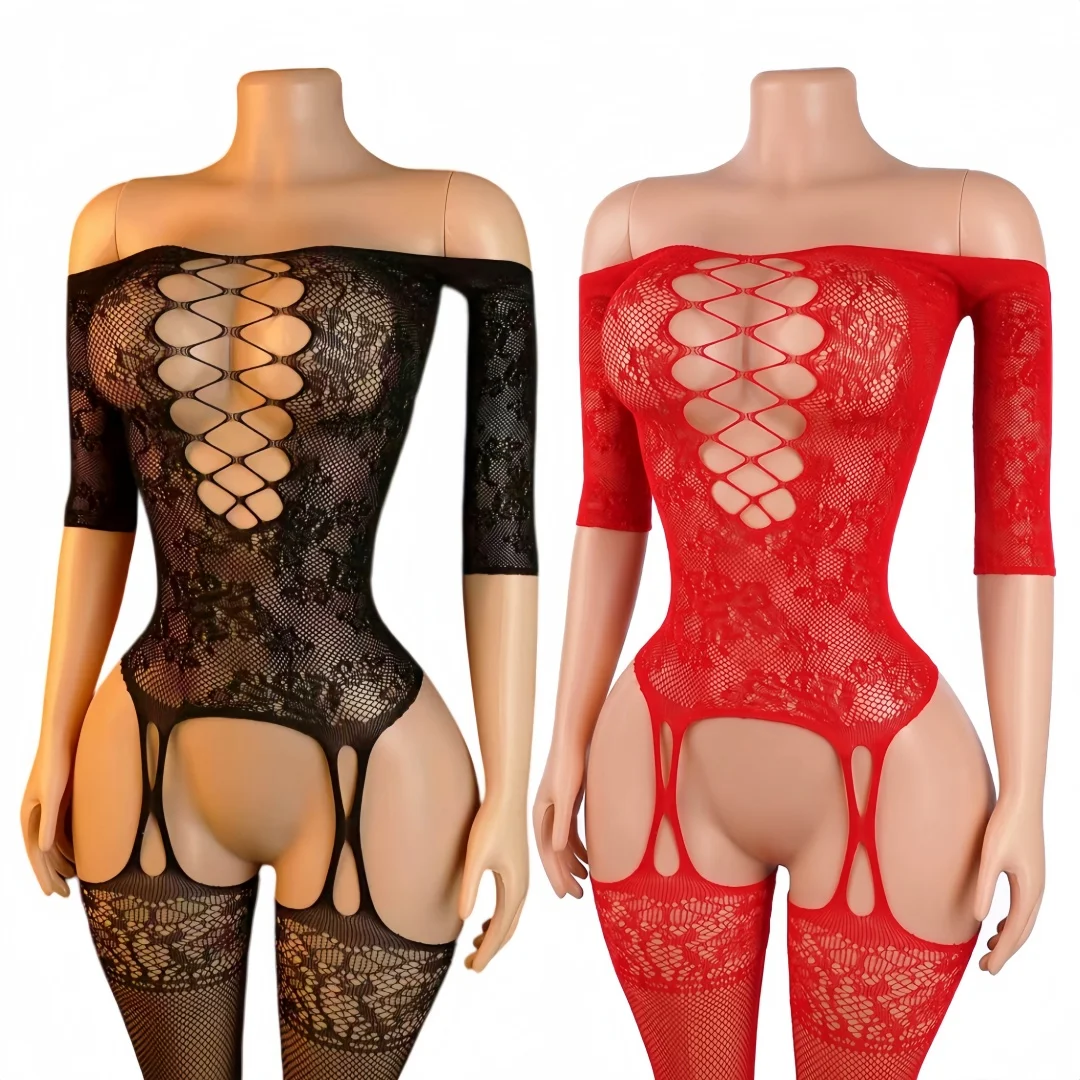 Off Shoulder Erotic Lingerie Set Women Sexy Fishnet Bodysuit One-Pieces Garter Belt Stockings Crotchless Underwear Open Bra Sets