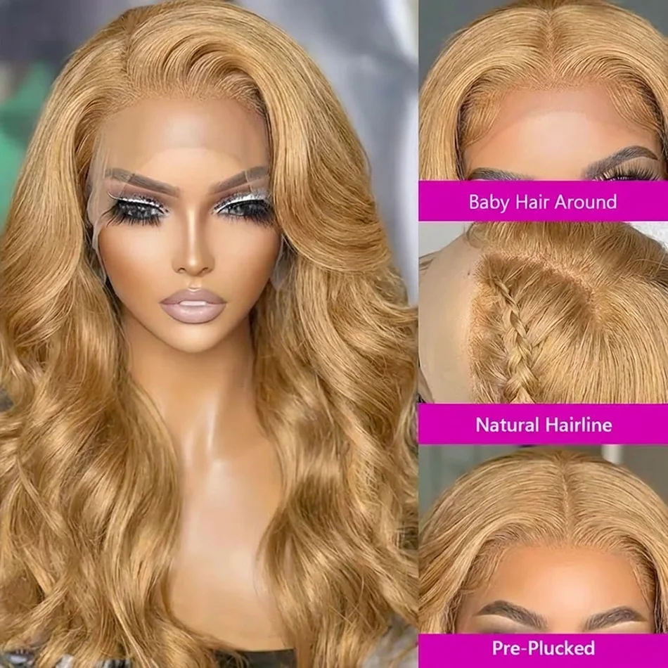 

27# Honey Blonde 30 34 Inch Body Wave 13x4 HD Transparent Lace Front Wigs Indian 13x6 Lace Frontal Human Hair Wig Colored