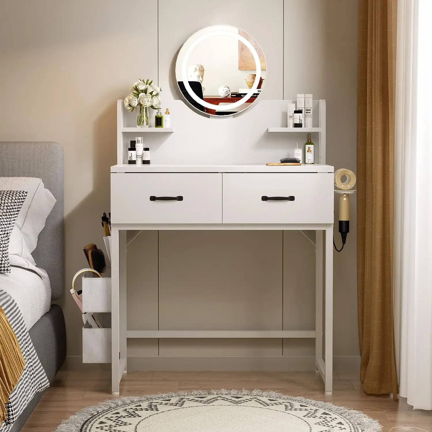 

#Adjustable Brightness 3-Colour LED Lighting Mode Vanity Table With Mirror Dresser With 2 Drawers 2 Vertical Pockets Bedroom