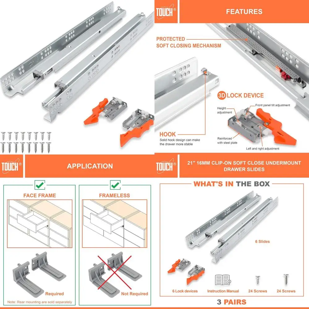 셀프 소프트 클로징 기능이 있는 언더마운트 서랍 슬라이드, 3쌍, 1/2 및 5/8인치 측면 패널용 21인치, 주방 숨김 서랍 하드웨어