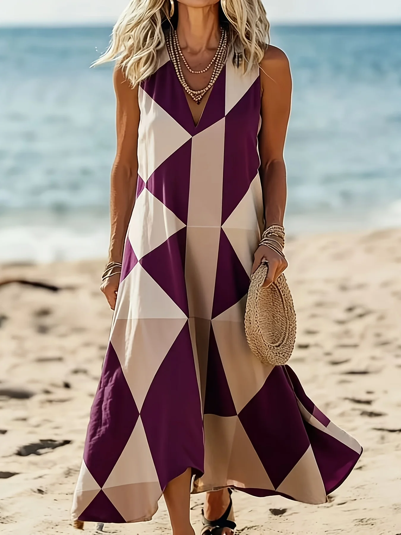 Purple and Apricot Geometric Diamond-Patterned Sleeveless V-Neck Beach Maxi Dress, with Purple and Apricot Two-Tone Geometric Diamond Patchwork, Symmetrical Composition, Strong Color Contrast, and a Sense of Modern Geometric Art