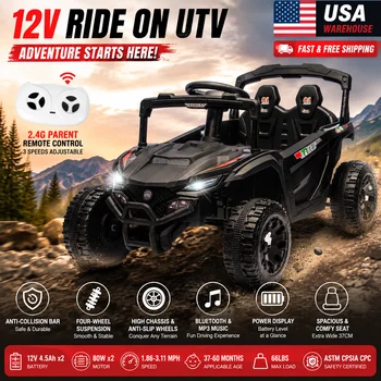 Samochodzik elektryczny 12V dla dzieci w wieku 3-5 lat, dwuosobowy UTV z pilotem, muzyką Bluetooth, zawieszeniem na 4 koła i światłami LED.