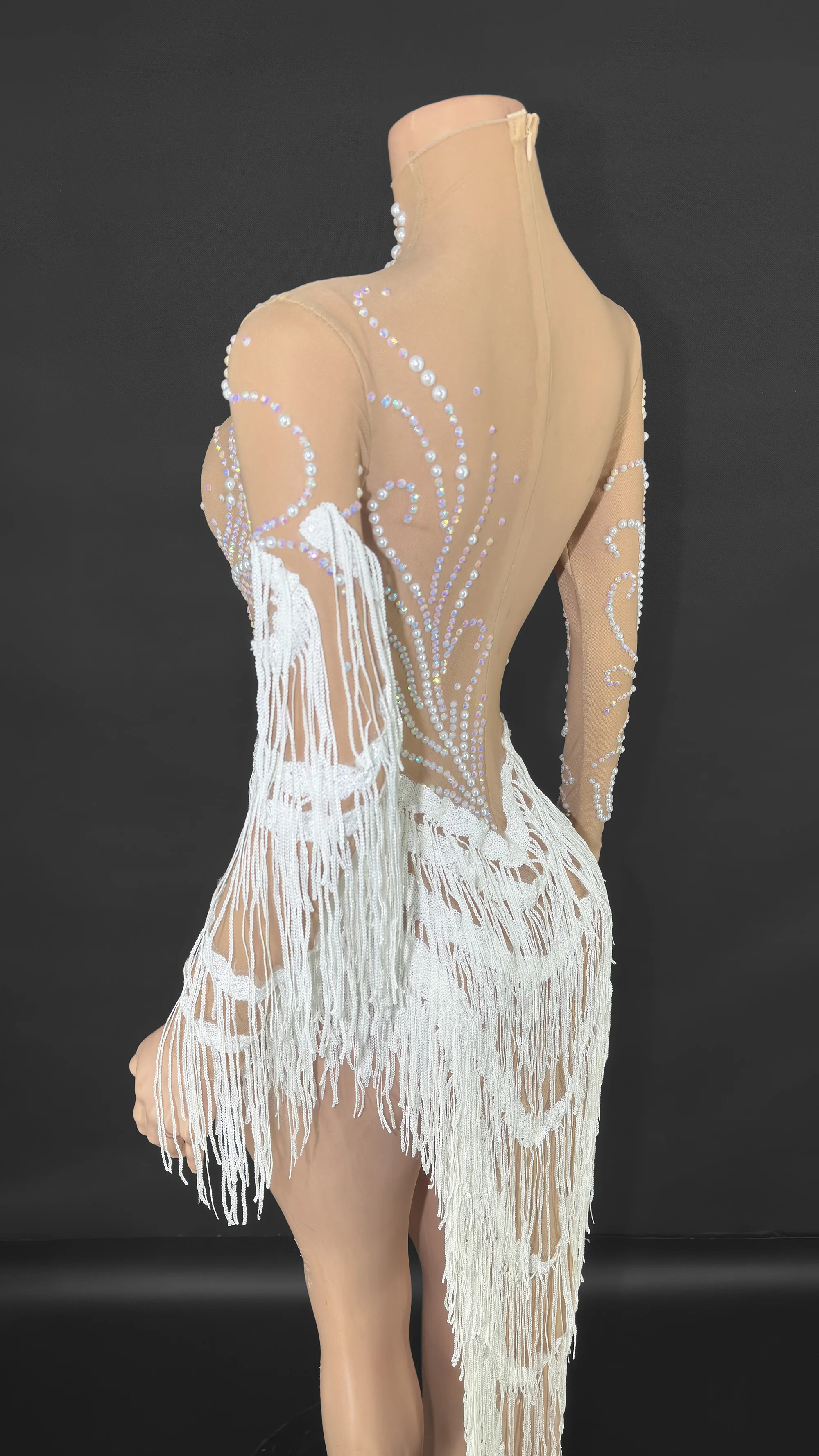 ZD Luxus-Body mit Strass-Fransen – glitzerndes, durchsichtiges Mesh-Tanzoutfit für Bühne und Auftritte