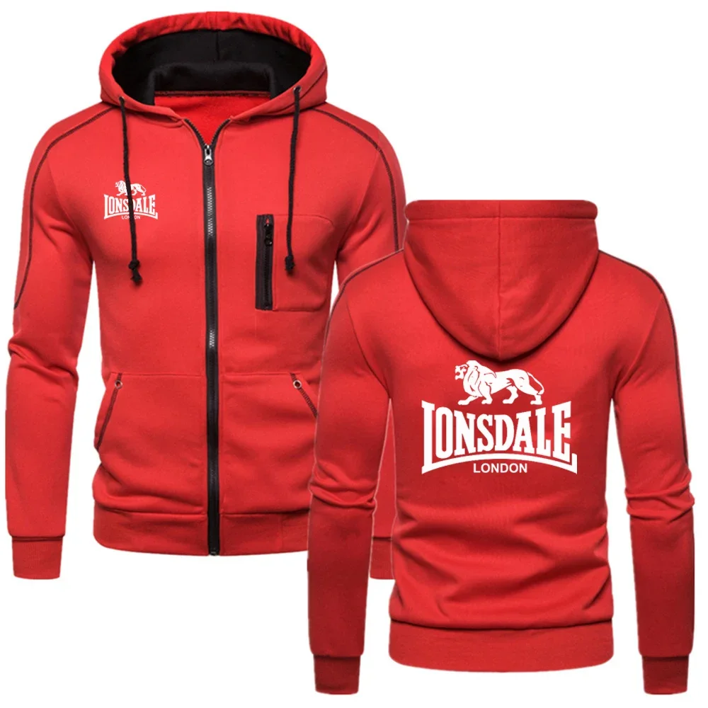 2024 Autumn Winter New Lonsdale Printing Men Long Sleeve Hooded Solid Color Casual Fashion Man Sports Clothes Zipper Tops Coat