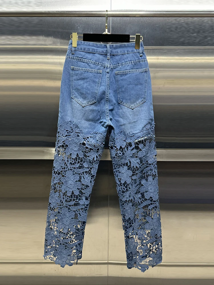 VGH Casual Hollow Out Spliced Lace Solid Jeans Dla Kobiet Wysoka Talia Patchwork Kieszenie Minimalistyczne Luźne Szerokie Nogawki Spodnie Damskie