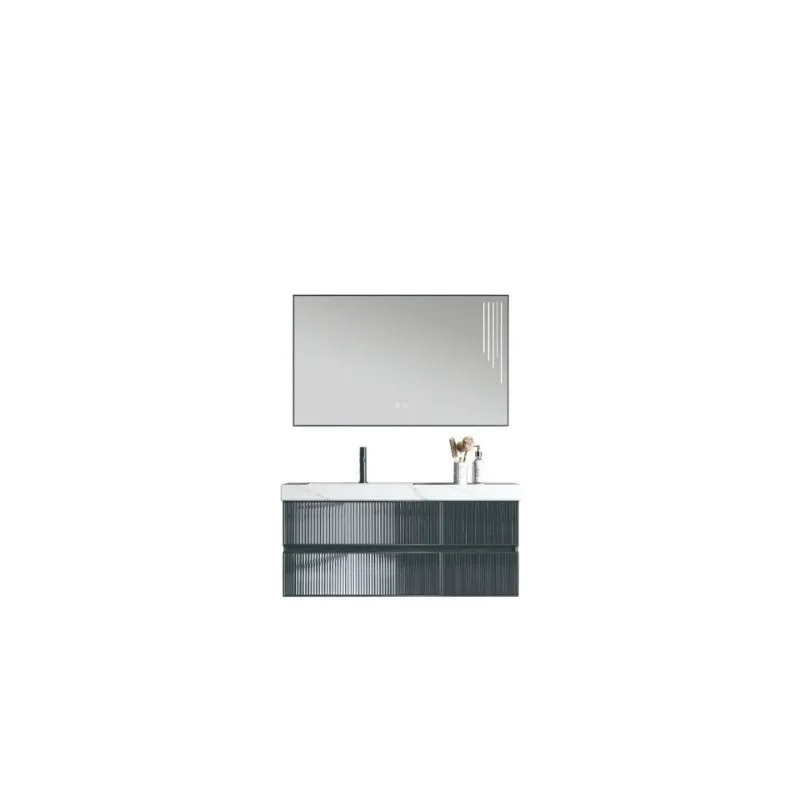 

Glass rock slab hot bending integrated basin bathroom cabinet smart mirror matching basin bathroom integrated cabinet storage