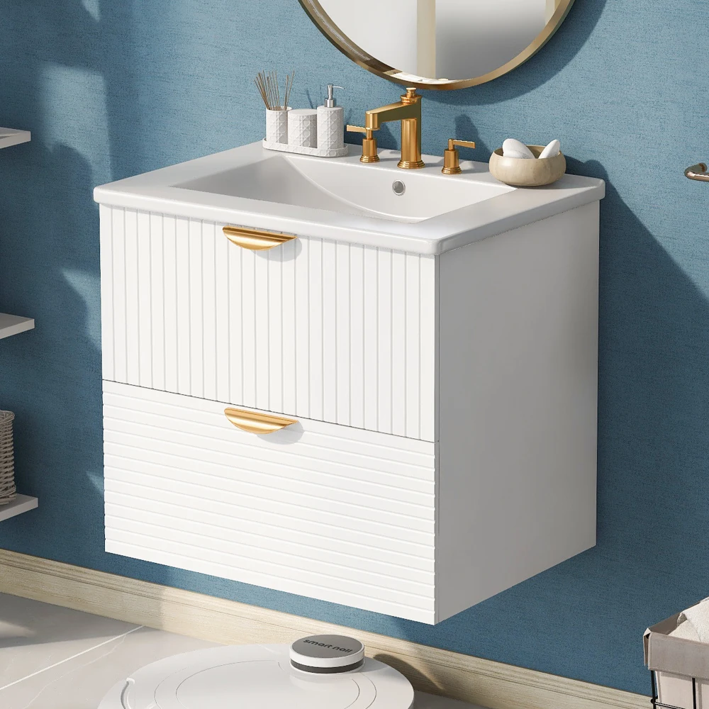 Modern 24 Inch Wall-Mounted Bathroom vanity with 2 Drawers, White - Ideal for Small Bathrooms