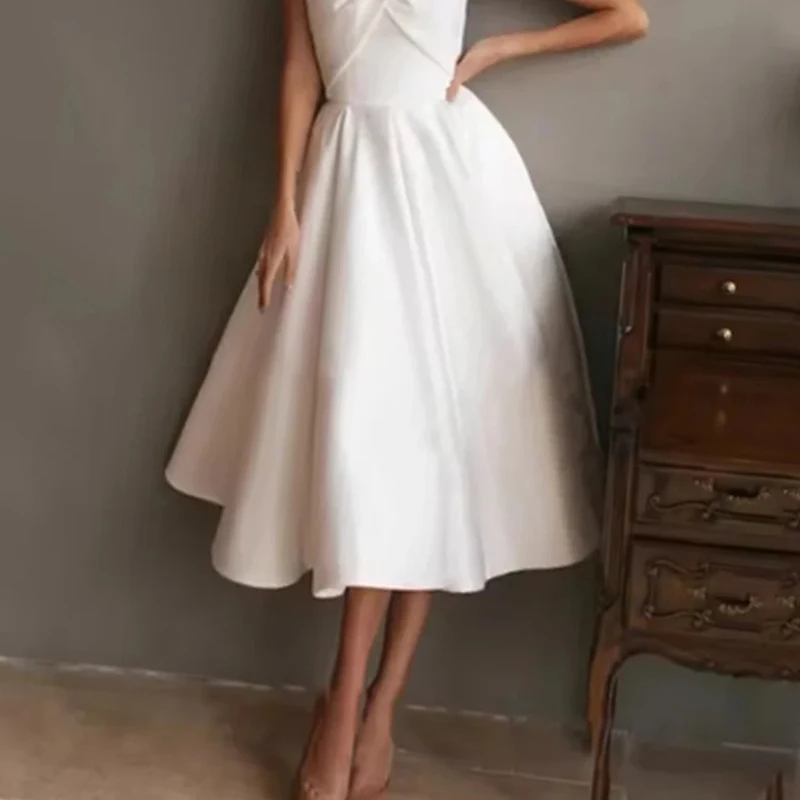 Biała suknia ślubna bez ramiączek dla kobiety, satynowa suknia wieczorowa w kształcie litery A, bez rękawów, elegancka sukienka na przyjęcie o długości do herbaty, szyta na miarę.