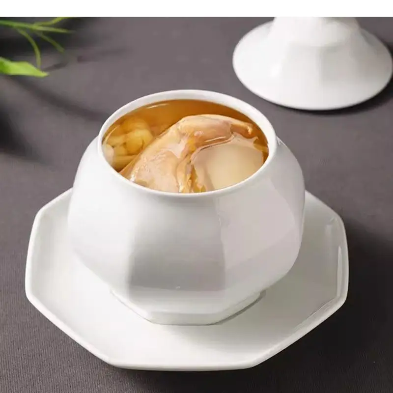 Solid Color Ceramic Octagonal Bowl with Lid Restaurant Soup Steamed Egg Dessert Molecular Cuisine Specialty Tableware
