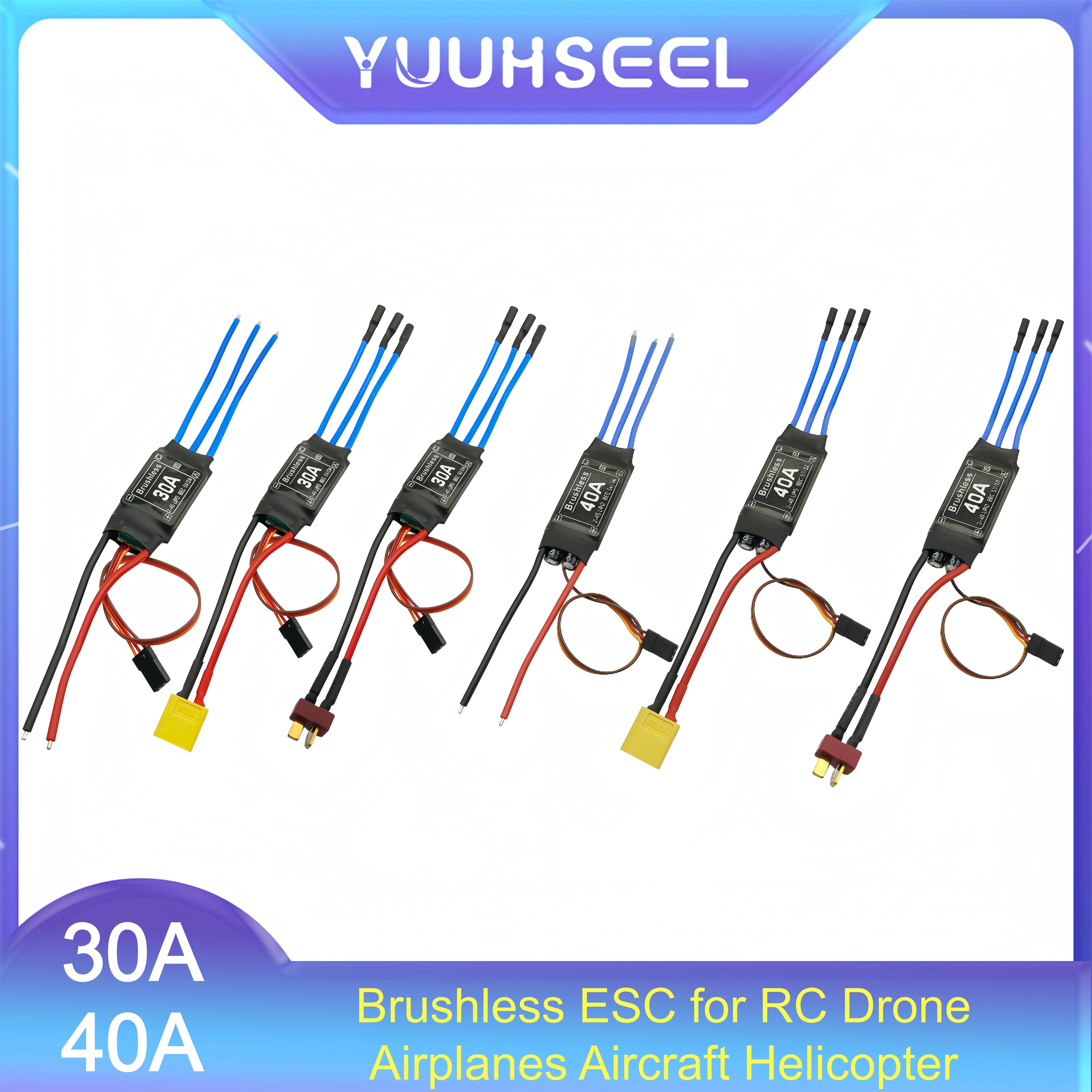 30A 40A Brushless ESC, 2-4S Brushless Motor Speed Controller with Bare Wire / Pre-soldered Banana Plugs & T-plug/XT60 Connector