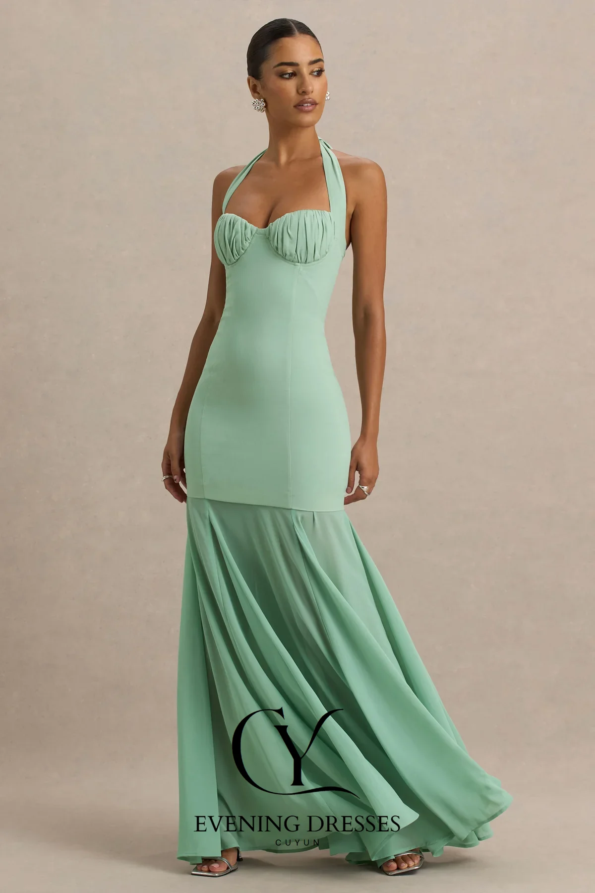 CUYUN Halter Backless Dames Avondjurken Aangepaste A-lijn Galajurk Chiffon Gedrapeerde Feestjurk voor Dames