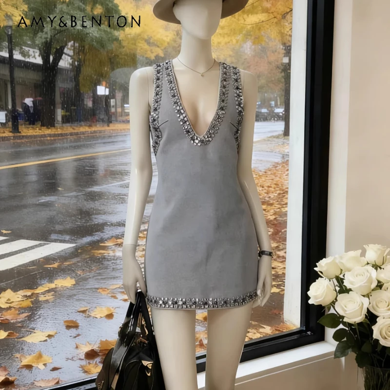 

European American Deep V-neck Heavy Beaded Sleeveless Women's Dress 2026 Spring New Fashion Sexy Slim Elegant Denim Dress Ladies