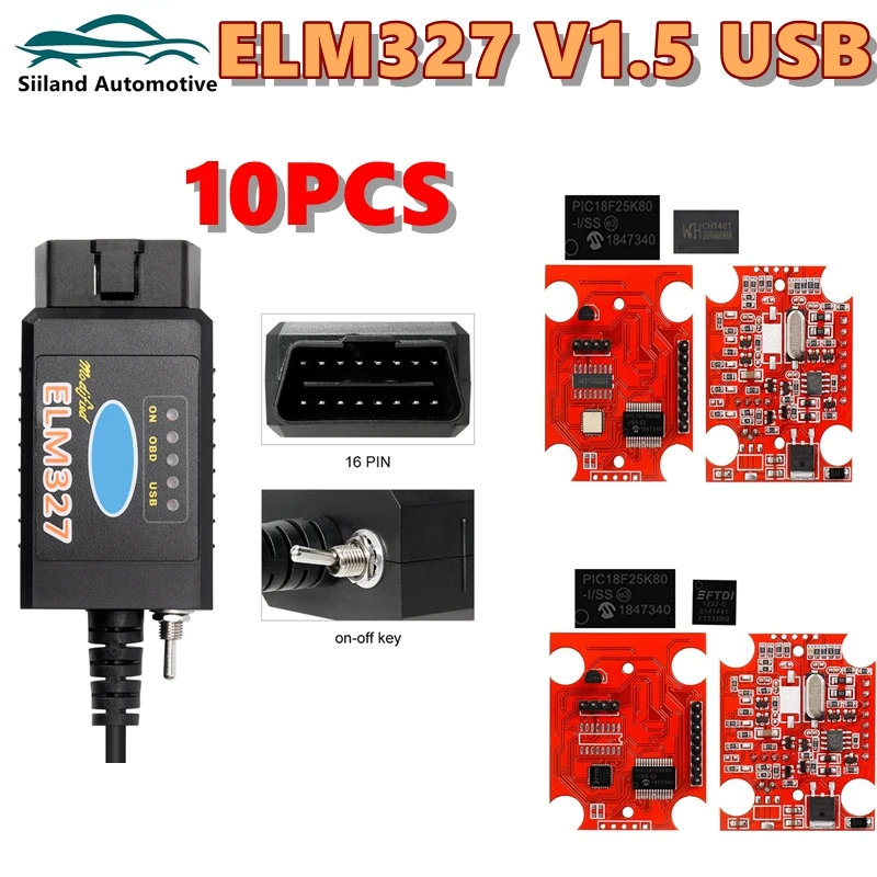 

10PCS/Lot Car Diagnostic Tool elm 327 HS CAN /MS CAN ELM327 USB V1.5 FTDI/CH340 PIC18F25K80 with switch for Ford for Forscan