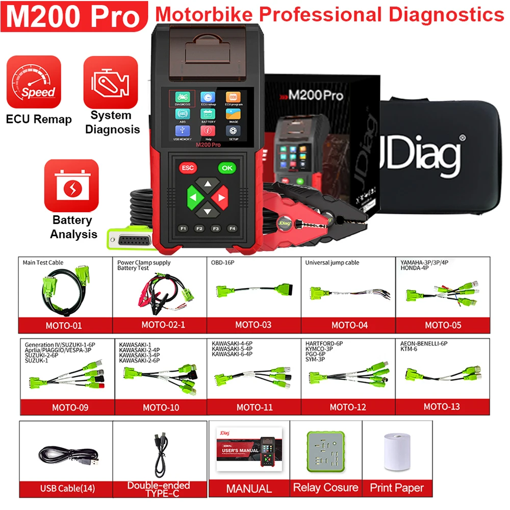 

JDiag M200 Pro Motorcycle Diagnostic Tool OBD Scanner Battery Tester Support ECU Remapping Programming For Yamaha BMW KAWASAKI