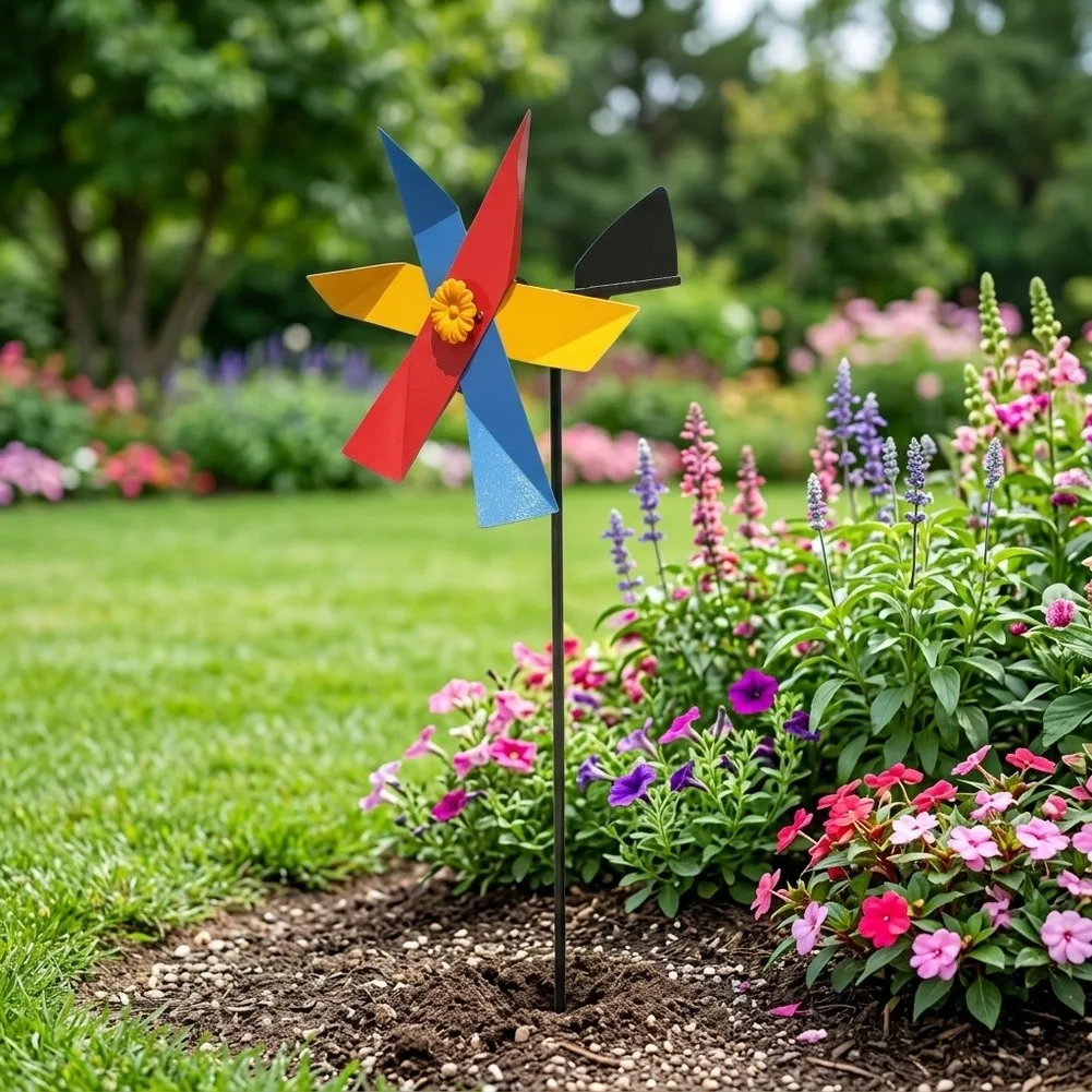 Colorful Lawn Ornament Garden Wind Spinner 360 Degree Rotating Design Multi-blade Structure Ground Stake Included