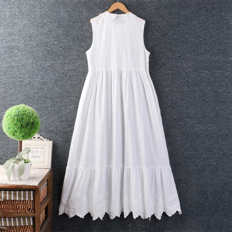 Spring Summer Sweet Mori Girl Solid Color Embroidered Tank Dress Women Cute Peter Pan Collar Sleeveless Casual Under the Dress