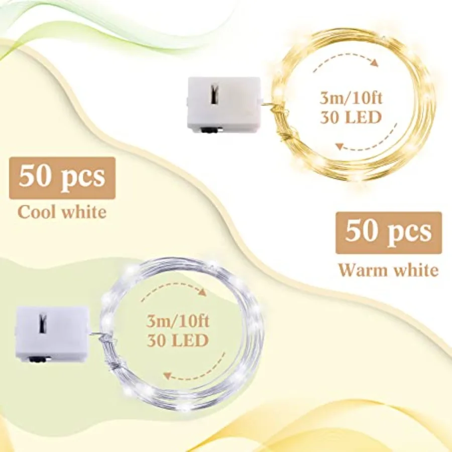 100 Pack Led Fairy Lights Battery Operated String Light 9.8FT Waterproof Silver Wire Firefly Starry Moon Light 30Led for Mason