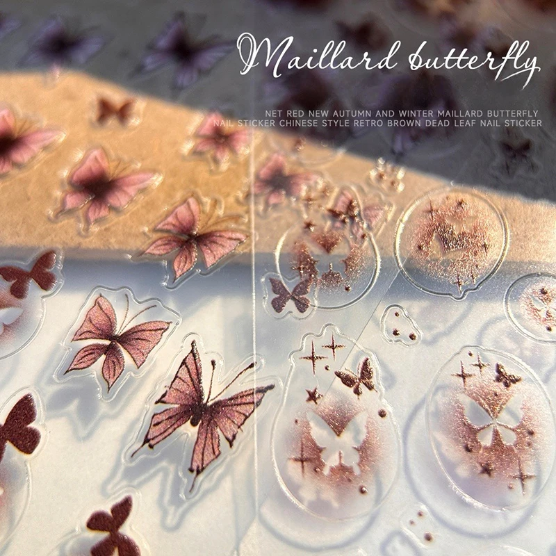 1sheet Maillard Semi Transparent Hollow Butterfly Nail Stickers 3D Relief Stars Hollow Waterproof Nail DIY Decoration