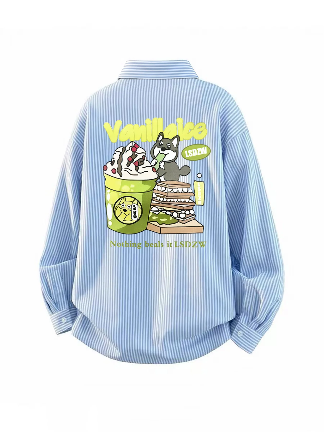 

Spring and Autumn Men's New Cartoon Fun Puppy Drinking Milk Tea Back Print Long Sleeve Striped Casual Versatile Simple Shirt