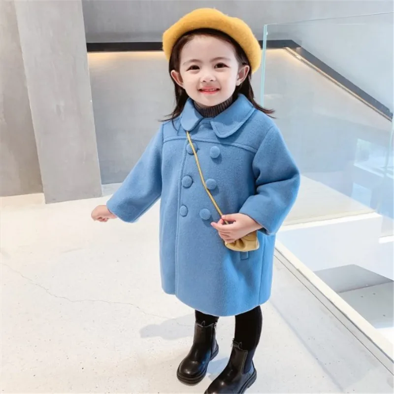 Winter Girl Baby Jacket Outdoor Cardigan Children\'s Medium Length Versatile Woolen Cotton Coat Thickened Double Breasted Jacket