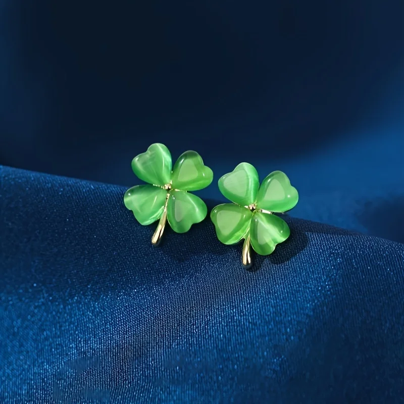 Elegant Vintage Green Cat's Eye Stone Stud Earrings, Four-Leaf Clover Design - Golden-Tone Finish, Stainless Steel Posts, Perfect for Daily Wear & St. Patrick's Day