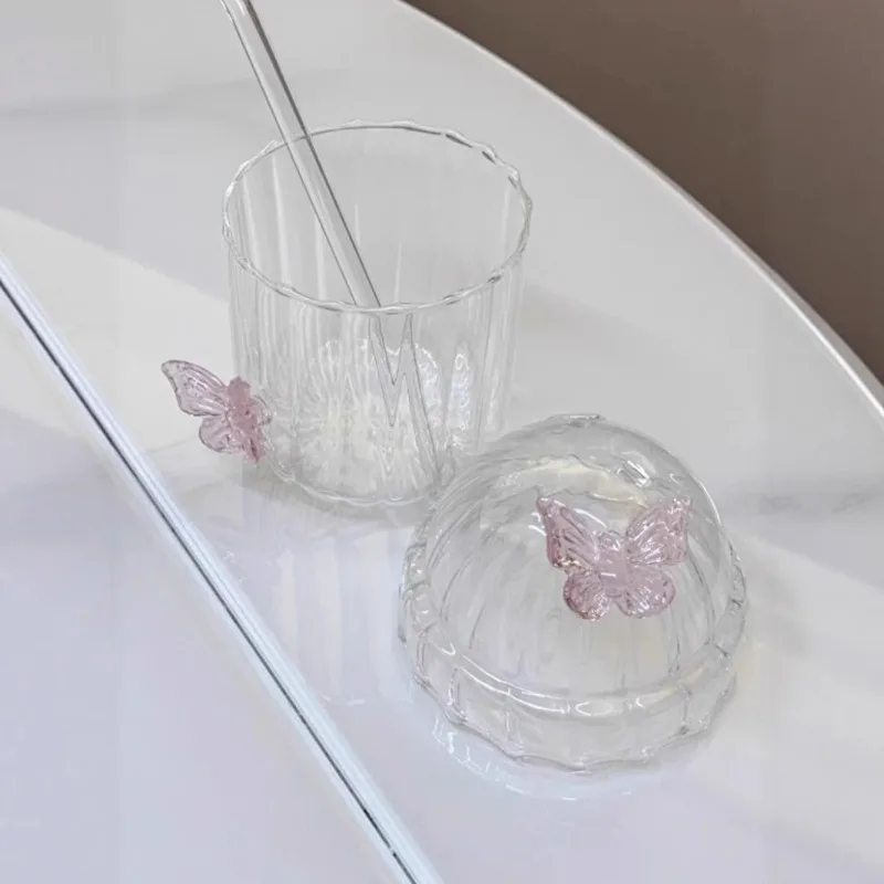JUSTINLAU Pink Butterfly Cute Straw Glass Juice Cup High Beauty Milk Tea Cup Home Girl Heart Large Capacity Drinking Glass