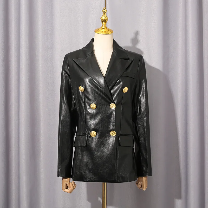 Hksh primavera outono nova jaqueta feminina de couro do plutônio cor sólida turn-down colarinho duplo breasted high-end blazer tendência casaco hk14189