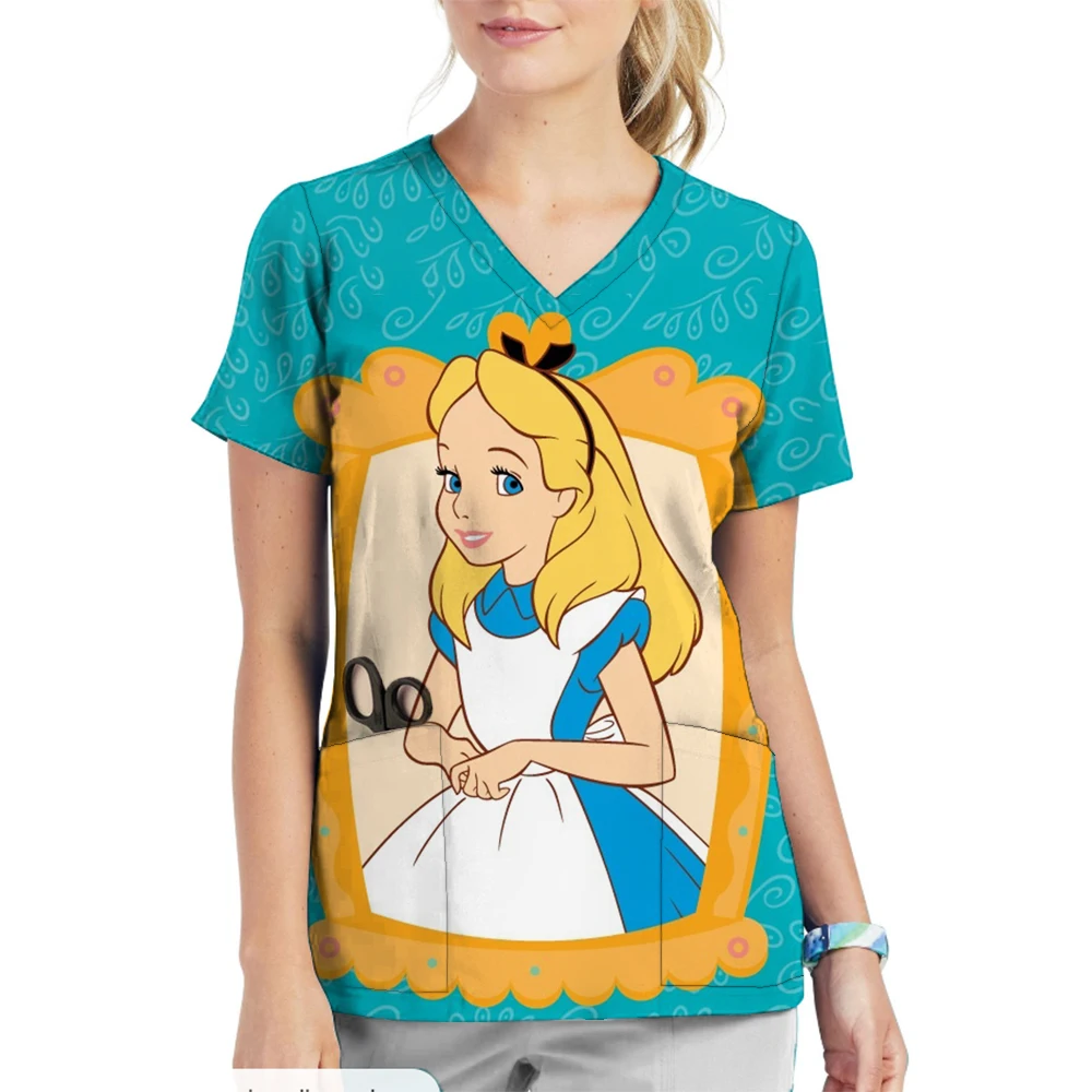 Disney Princess print Veterinary Dentist Scrubs Medical Uniforms Woman Tops Beauty Scrub Clothes Spa Nurse Medical Lab Medical