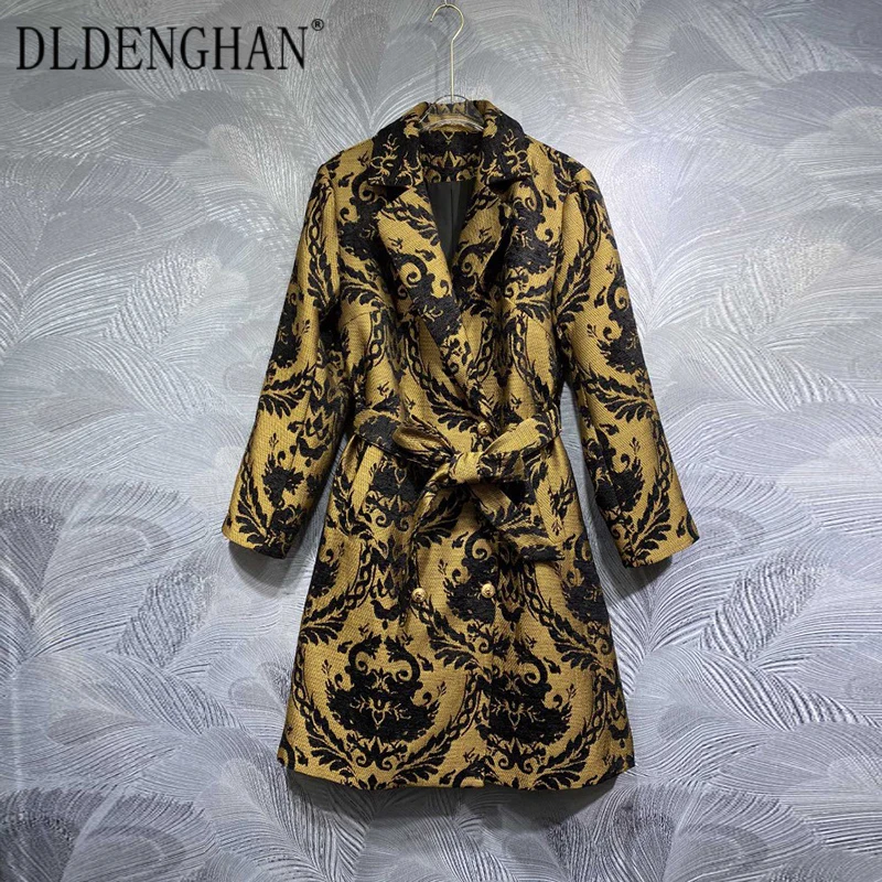 DLDENGHAN Double Breasted Coat Turn-down Collar Long Sleeves Lace-up Vintage Print  Outerwear Fashion Runway New