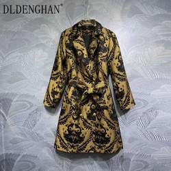 DLDENGHAN Double Breasted Coat Turn-down Collar Long Sleeves Lace-up Vintage Print  Outerwear Fashion Runway New