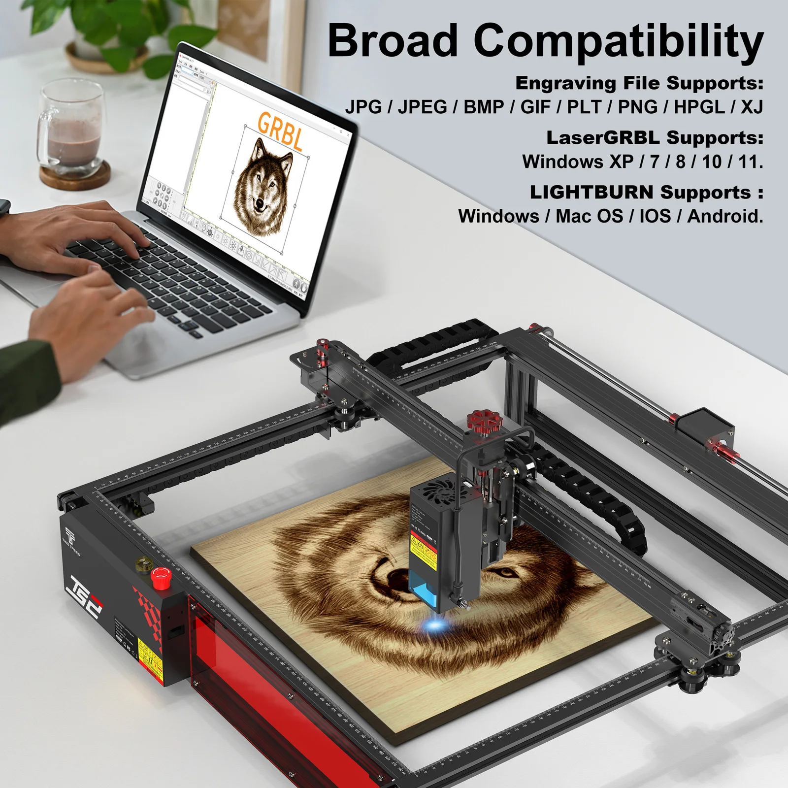 Grabador láser Twotrees TS2, potencia láser de 20W, máquina de grabado láser de enfoque automático, corte de madera contrachapada de 15mm con sistema de detección de llama
