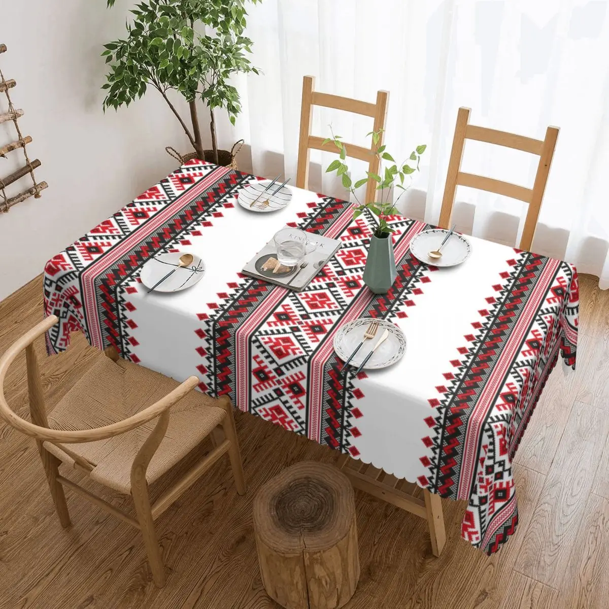 

Custom Ukraine Vyshyvanka Embroidery Tablecloth Rectangular Oilproof Bohemian Geometric Table Cover Cloth for Kitchen