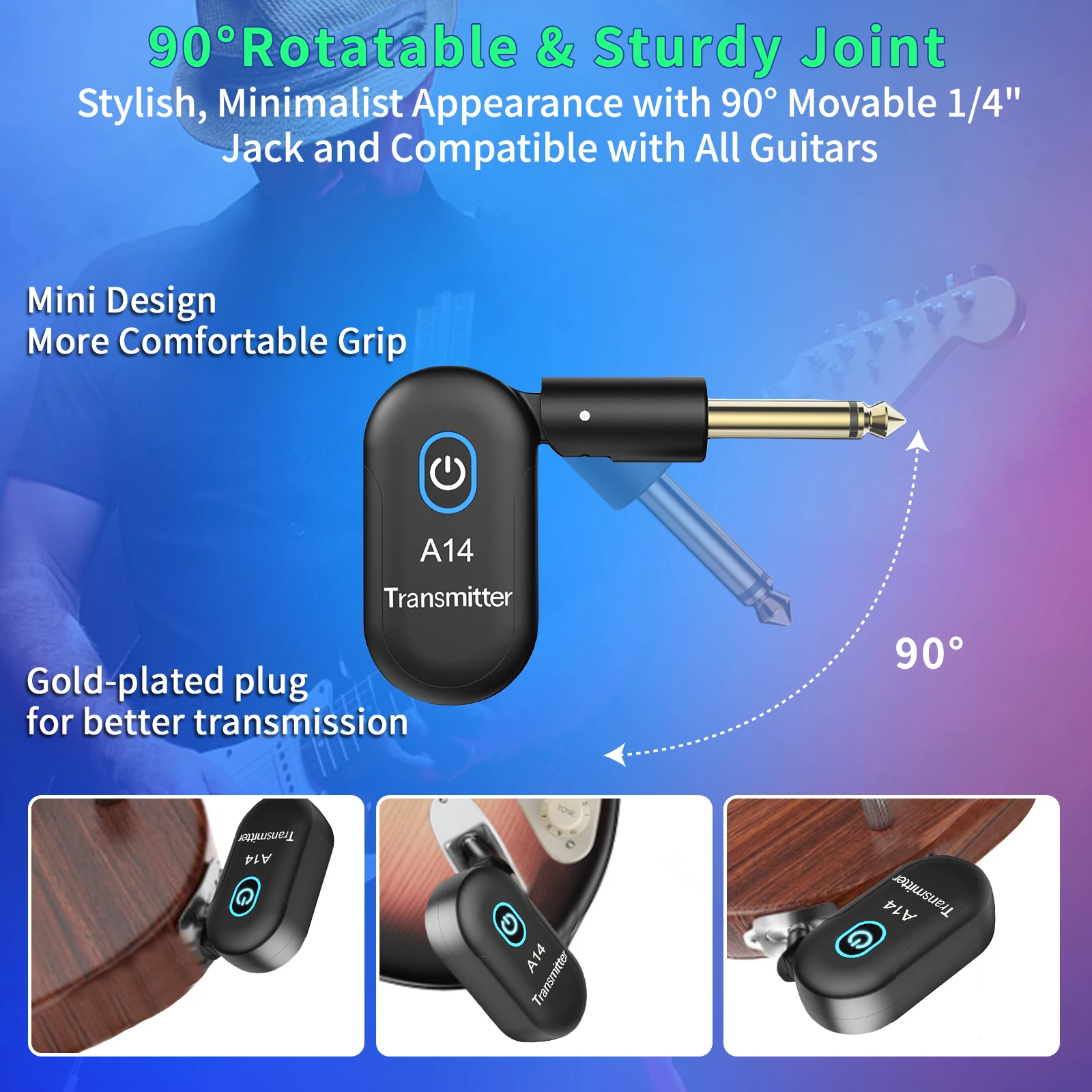 2.4GHz Wireless Guitar System Rechargeable Audio Wireless Transmitter Receiver for Guitar Bass Electric Instruments 90°Rotatable