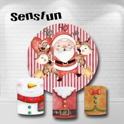 Christmas Day Round Backdrop Cover Cartoon Santa Claus Christmas Red White Striped Circle Background Snowman Cylinder Covers