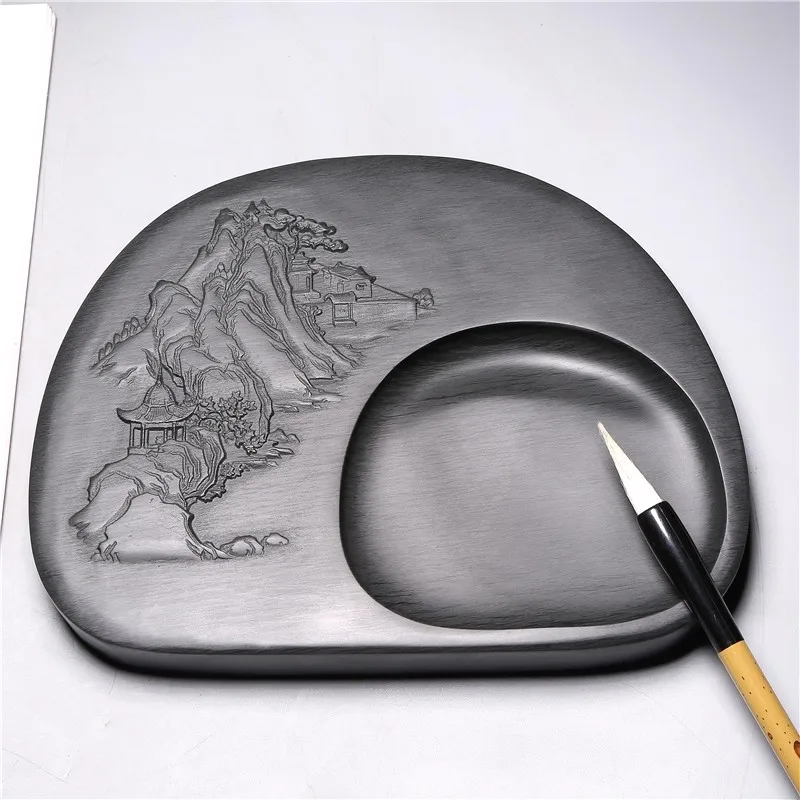 Natural She Inkstone with Landscape & Plum Blossom Carving – Handmade Chinese Calligraphy Grinding Stone