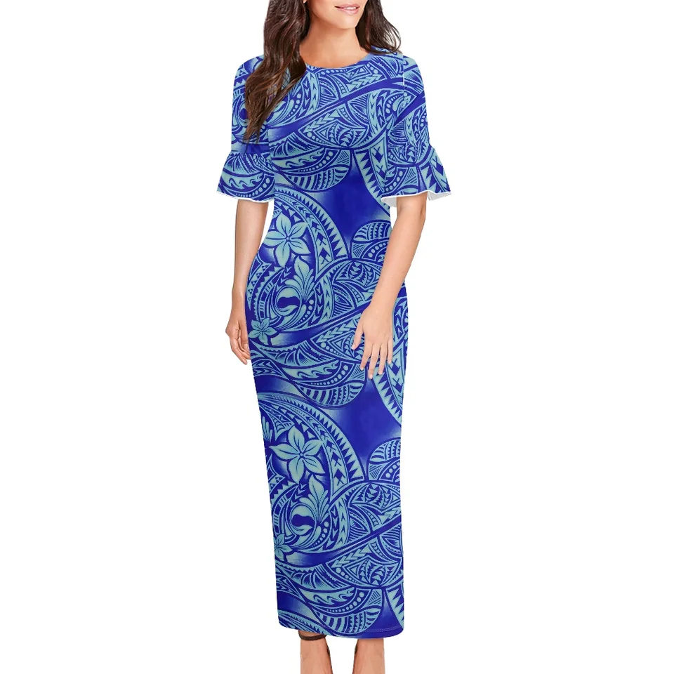 Elegant Evening Party Dresses Polynesian Tribal Clothing Samoa Tapa Fijian  Brown Print Women Summer Bodycon Petals Sleeves - AliExpress 200000343