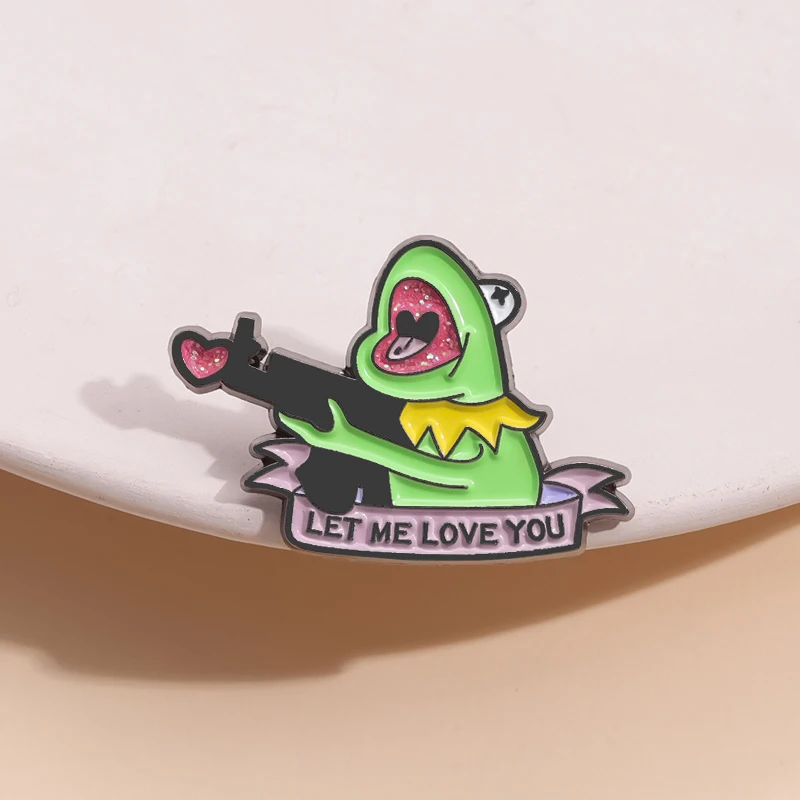 Let Me Love You Cute Frog Enamel Pin Glitter Pink Heart Sniper Brooches Badges Lapel Jacket Cartoon Animals Jewelry Wholesale