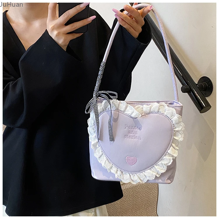 2025 صيف جديد كاندي اللون حقائب نسائية لطيف الفتيات موضة تنوعا حقائب كتف لوليتا الحلو الحب مقوس دانتيل حقيبة كروسبودي