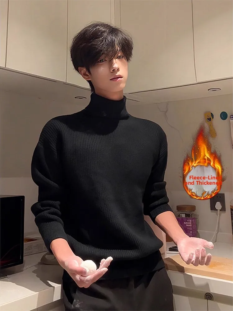 

Men's High Ne Knitted Sweater Fce Lined Korean Sle Warm Thi Long Sve Base Layer Top Bla Winter Faion Casual Wear