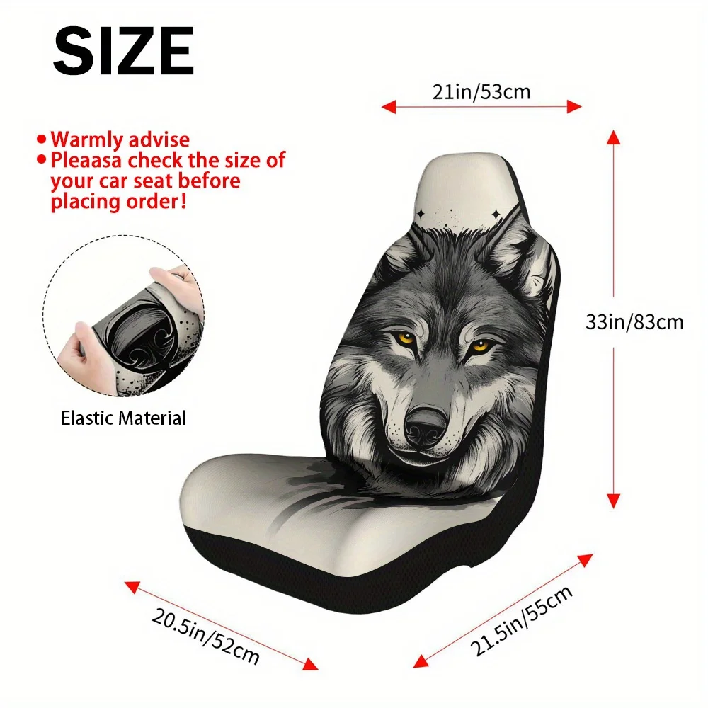 2pcs Majestic Wolf Portrait Design Seat Cover Set – Premium Comfort, Stylish Seat Protectors, Fit, Durable, Easy To Clean, Al