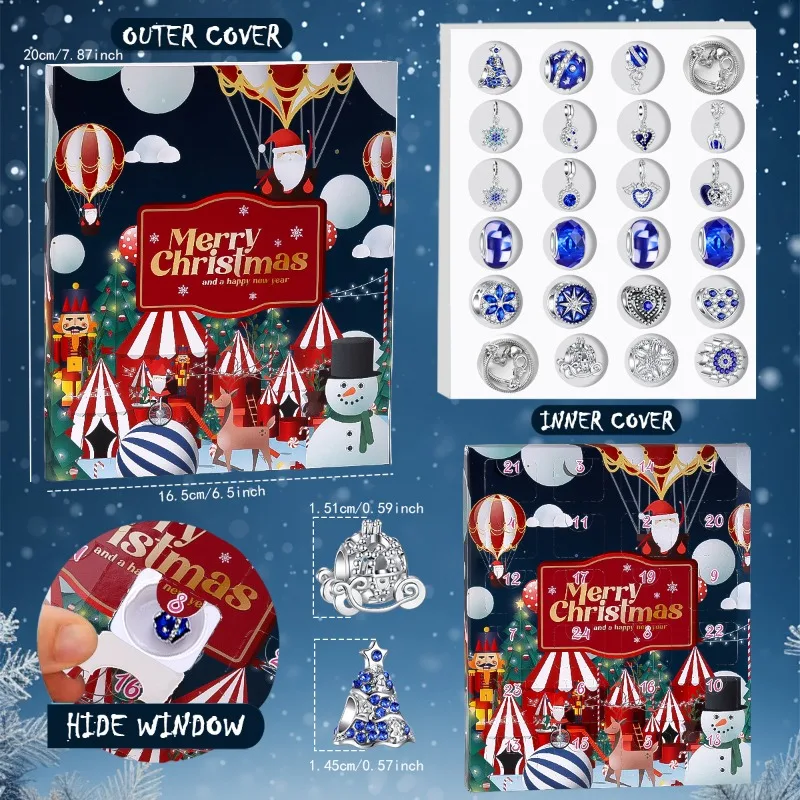 Everbright Store Blue Snowflake Christmas Countdown 24 Grid Calendar European and American Girls Holiday Jewelry Set