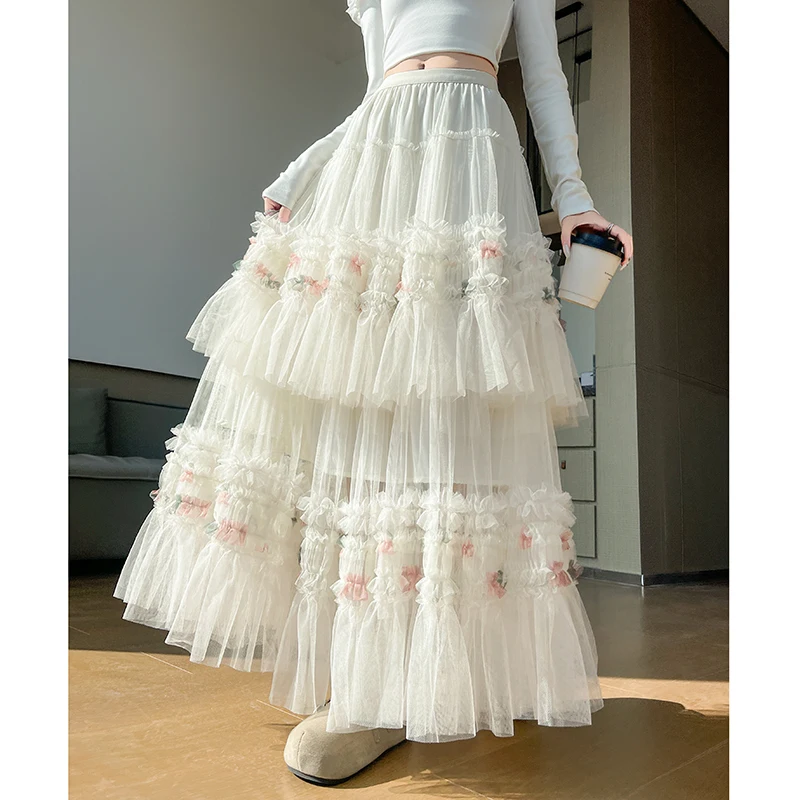 Fashion Women's A-Line Fairy Patterned Elastic Waist Ruffle Tulle Layered White Maxi Skirt Sweet Tierred Ruffles Long Skirt