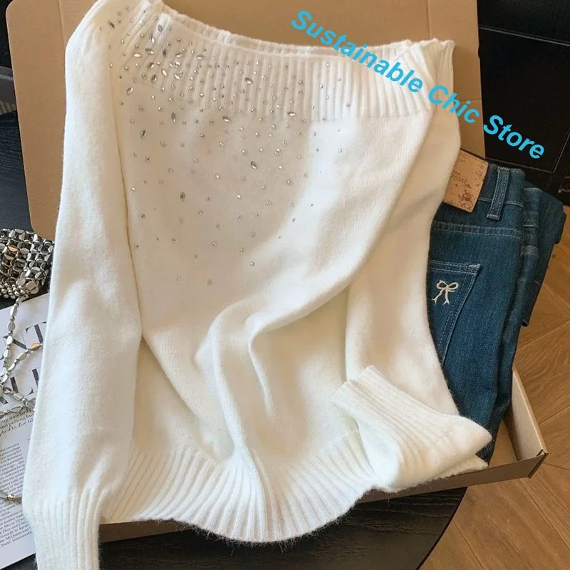 French Heavy Industry Hot Drilling Off-the-shoulder Sweater Women's Autumn and Winter New High-grade Temperament Loose Slim Top