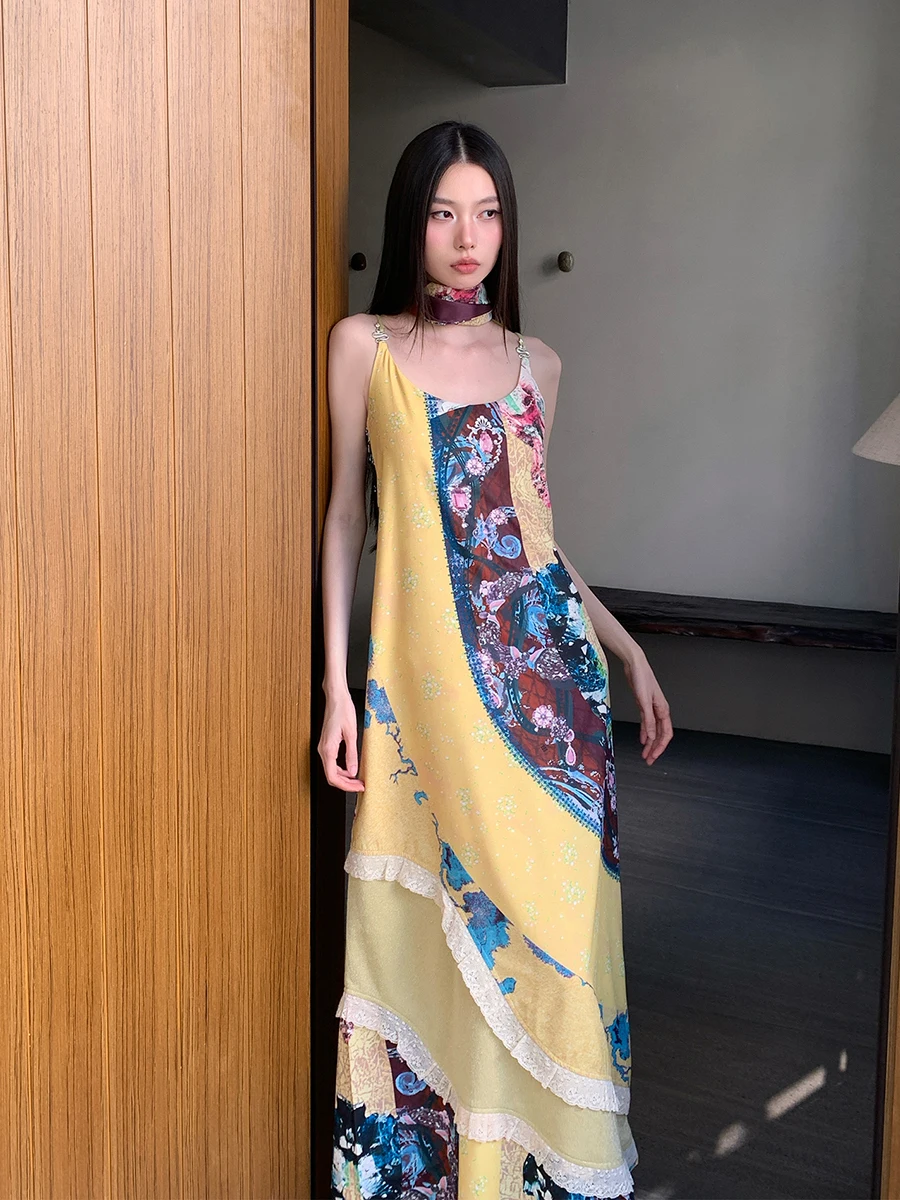 REDDACHiC Women Stitch Lace Camisole Long Dress Aesthetic Print A-line Snake-shaped Buckle Loose Sundress Vintage Boho Clothes